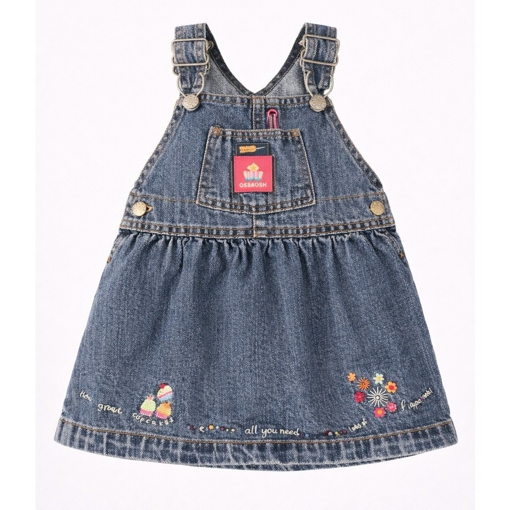 OshKosh Baby Girl Denim Jumper Dress 6 9 Months Cupcake Floral Embroidered